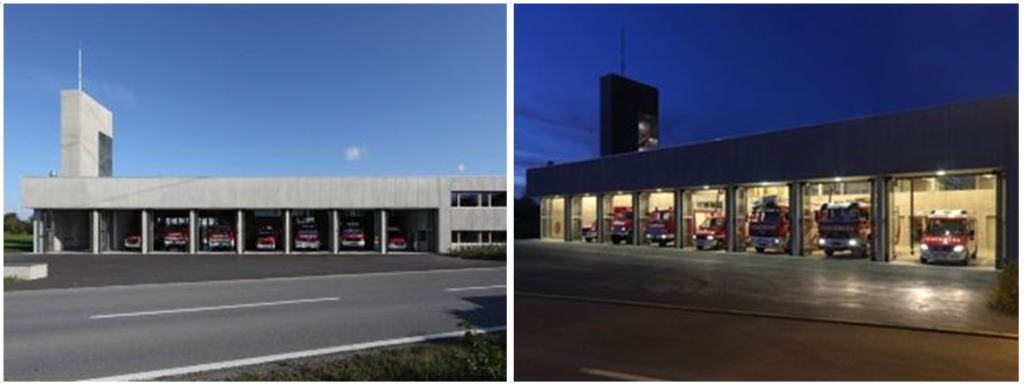 Exterior view of the Passive House fire station located in Wolfurt, Austria.