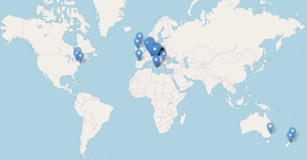 Map marked by blue markers showing the locations of Passive House projects around the world