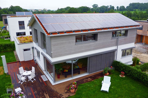 Example of a Passive House buildings with a roof full of solar panels