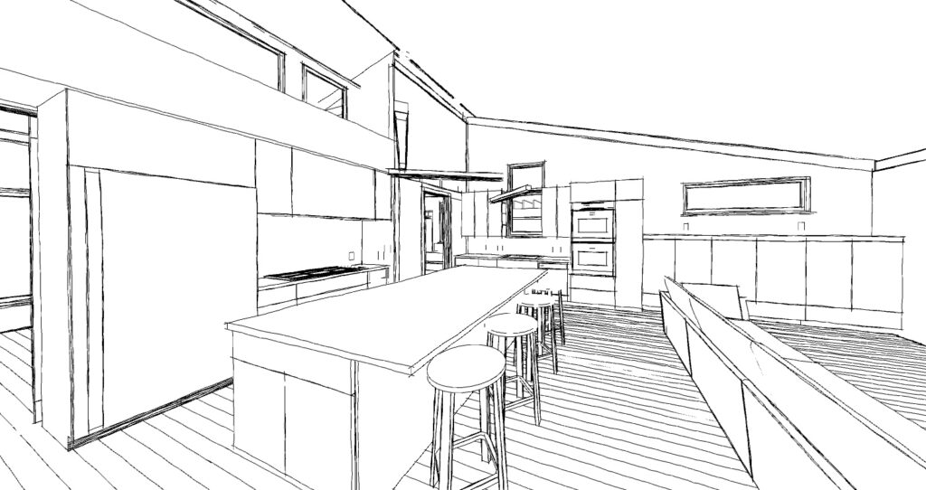 Black and white sketch rendering of the kitchen of one of Bronwyn's latest Passive House projects.