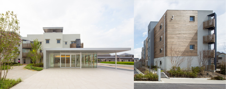 Two exterior images of the Passive Town development in Kurobe. The building is a variety of cool toned materials, textures, and colors.