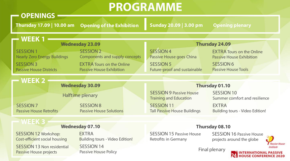 Green and white overview of the programme for the 24th International PH Conference.